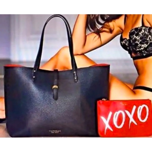 VICTORIA’S SECRET VS Tote Bag Black Faux Pebbled Leather Red Interior Large - Picture 2 of 5